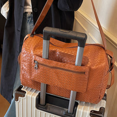 Luxury Woven Vegan Leather Travel Duffel Large Capacity Weekender Bag with Independent Shoe Compartment Fashionable Quilted Fitness Bag with Wet/Dry Separation