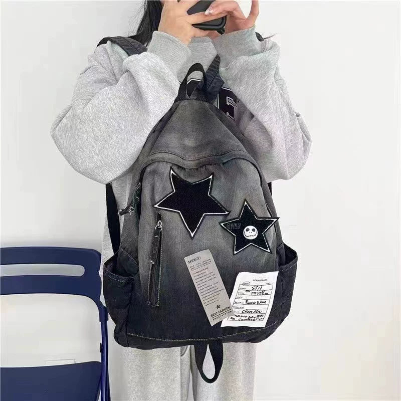 Vintage-Washed Gradient Canvas Backpack Large Capacity Denim Daypack for College & Travel